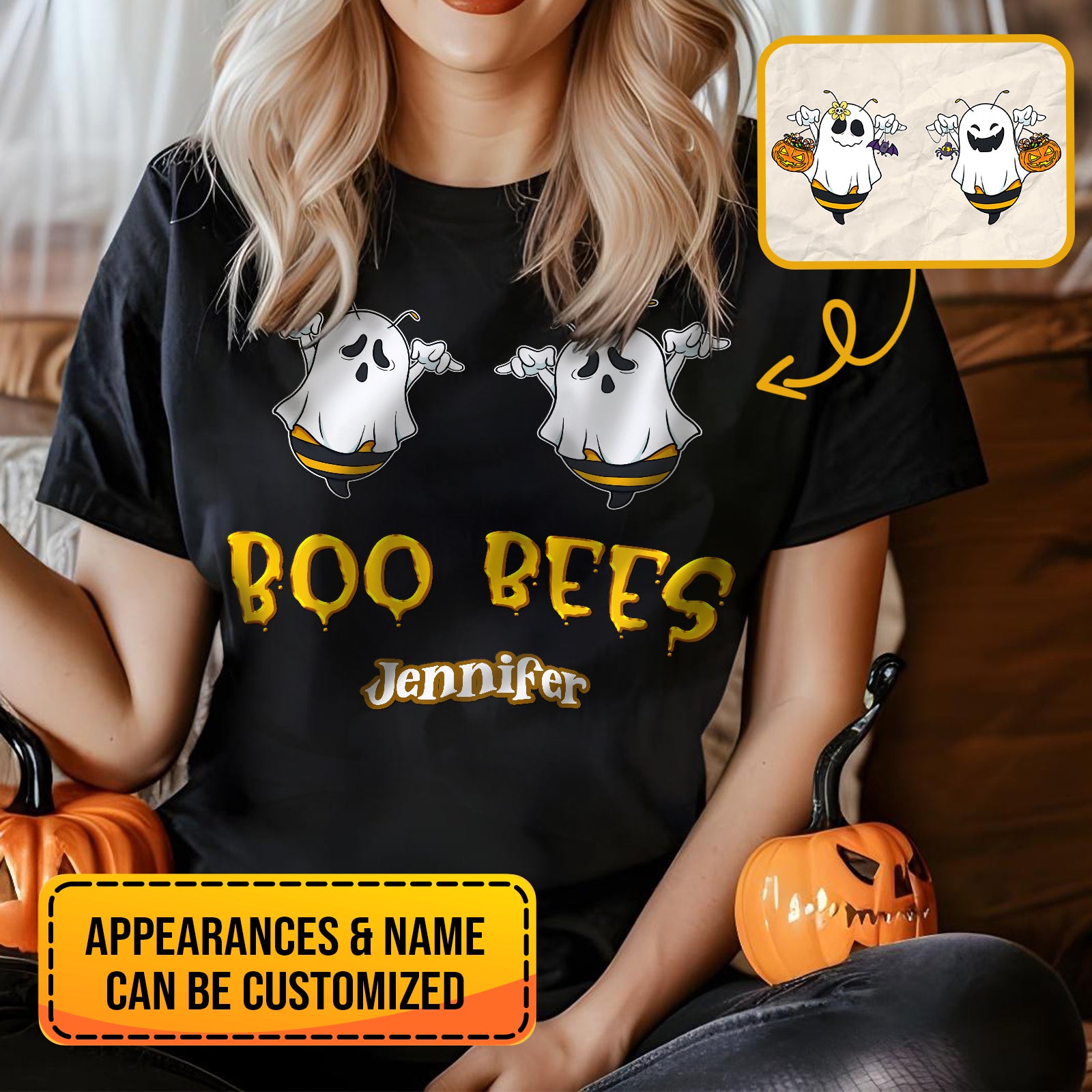 Personalized Halloween t-shirt for women with customizable ghost bee design and name on black shirt