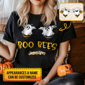 Personalized Halloween t-shirt for women with customizable ghost bee design and name on black shirt