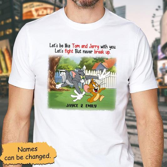 Customizable cartoon friendship apparel white t-shirt featuring Tom and Jerry design with personalized names Jayce and Emily
