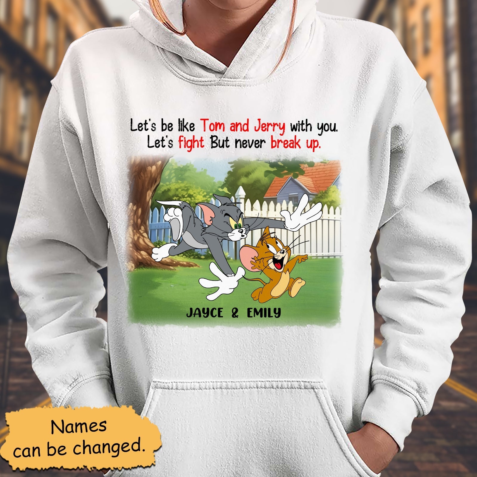 365Gifty customizable cartoon friendship apparel white hoodie featuring Tom and Jerry with personalized names Jayce and Emily