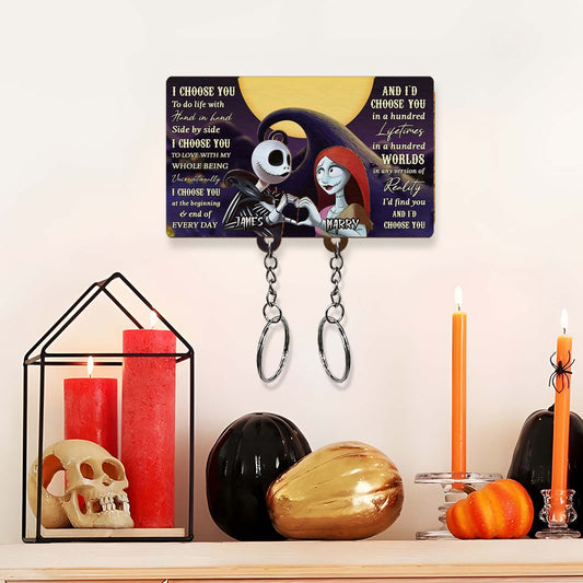 Halloween Keychain and Key Holder featuring Jack and Sally with romantic quote and spooky Halloween decor