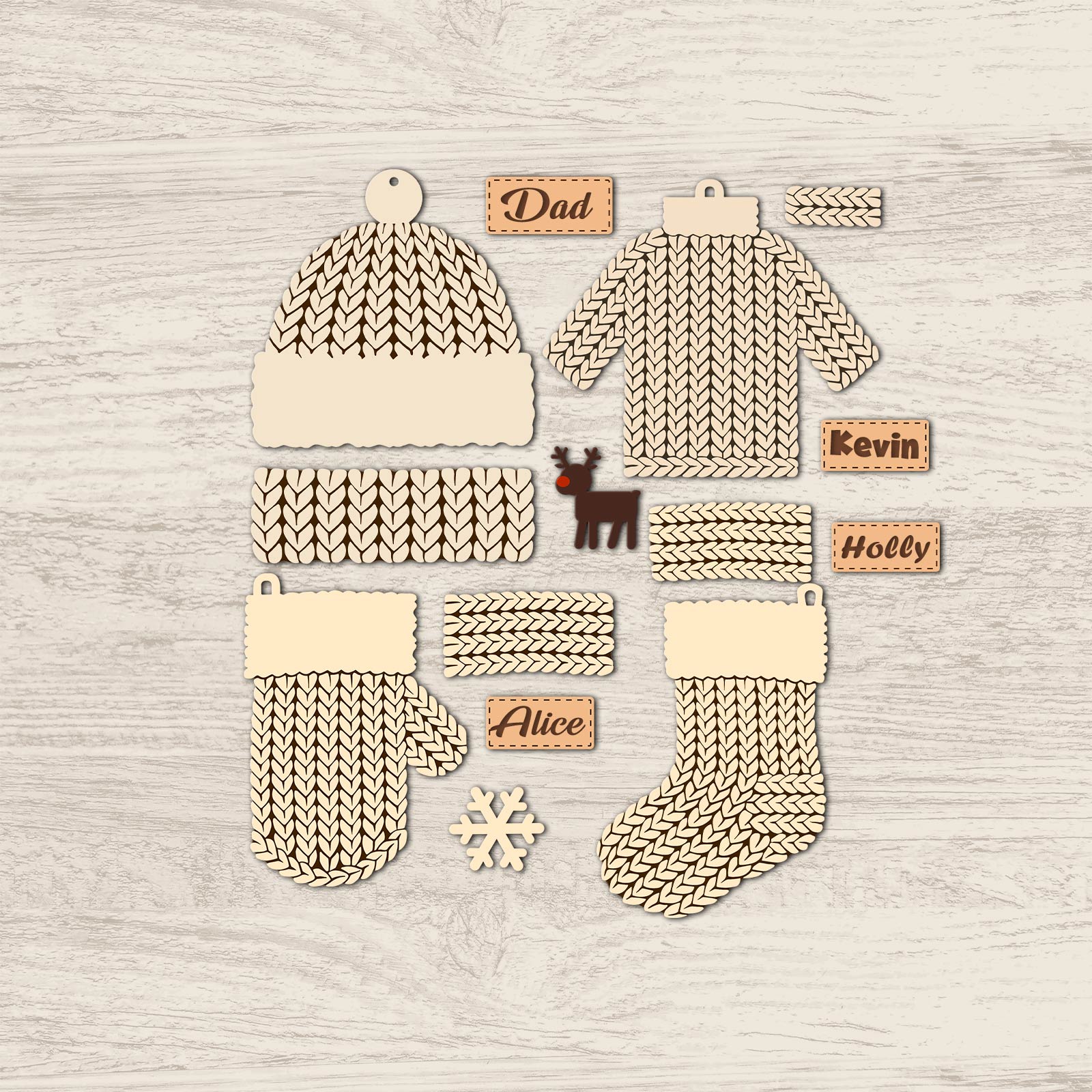 Customizable holiday stocking tag set with knitted hat, sweater, mitten, sock, and name tags Dad Kevin Holly Alice