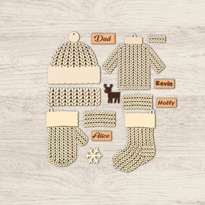 Customizable holiday stocking tag set with knitted hat, sweater, mitten, sock, and name tags Dad Kevin Holly Alice