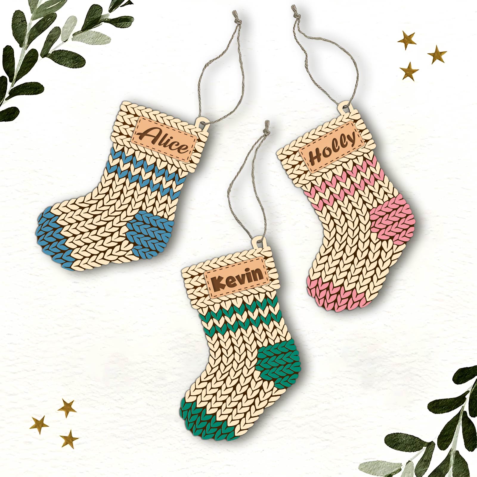 365Gifty customizable holiday stocking tag set with blue pink and green knitted pattern designs