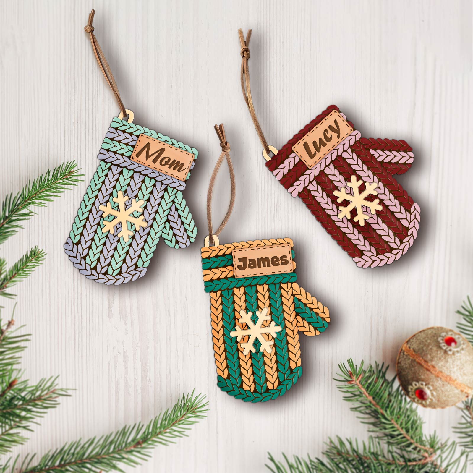 365Gifty customizable holiday stocking tag set featuring knitted mitten design with snowflake and names Mom Lucy James
