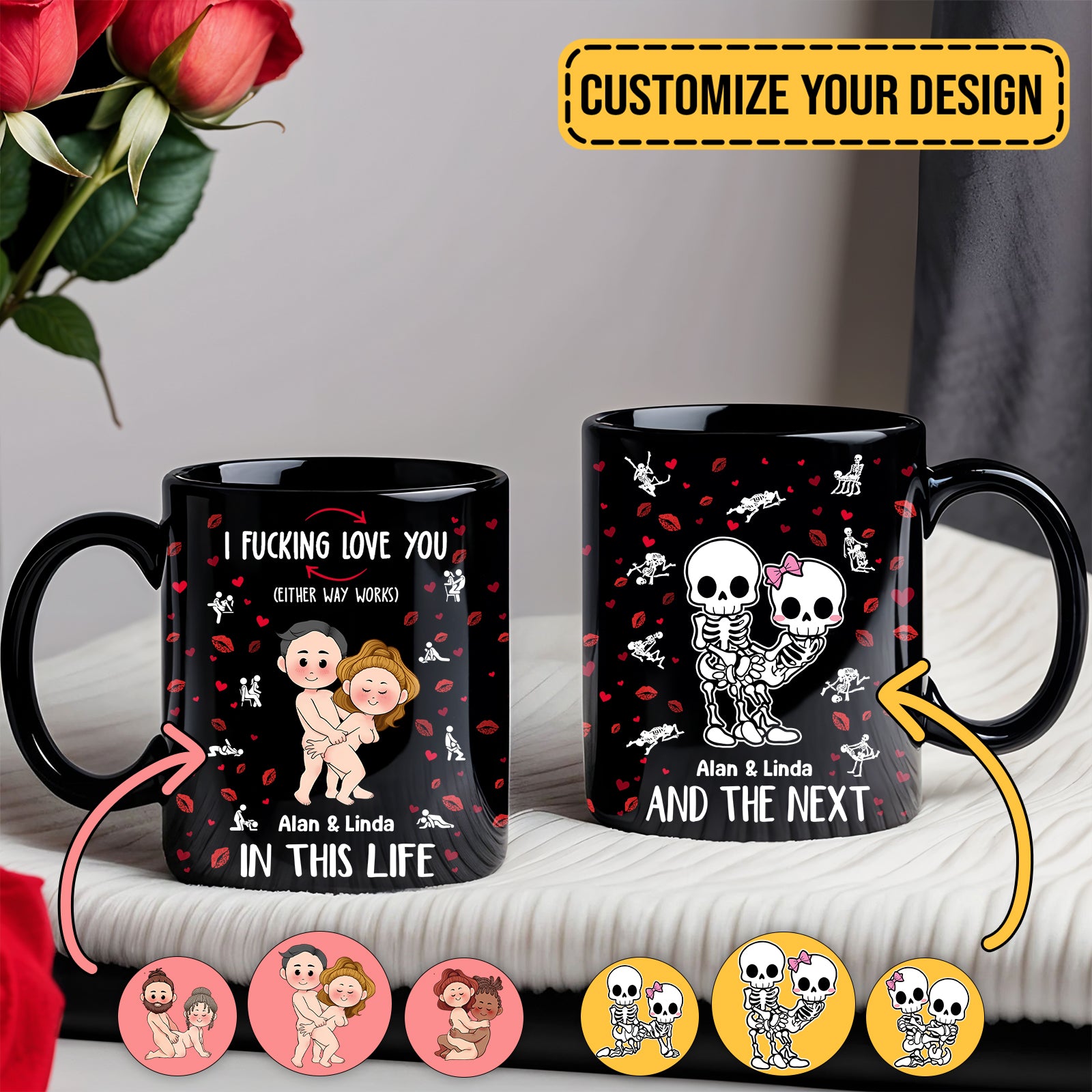 Black personalized couple mug with custom names and playful skeleton couple design by 365Gifty