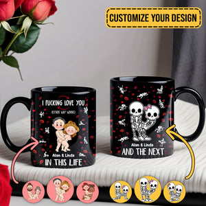 Black personalized couple mug with custom names and playful skeleton couple design by 365Gifty