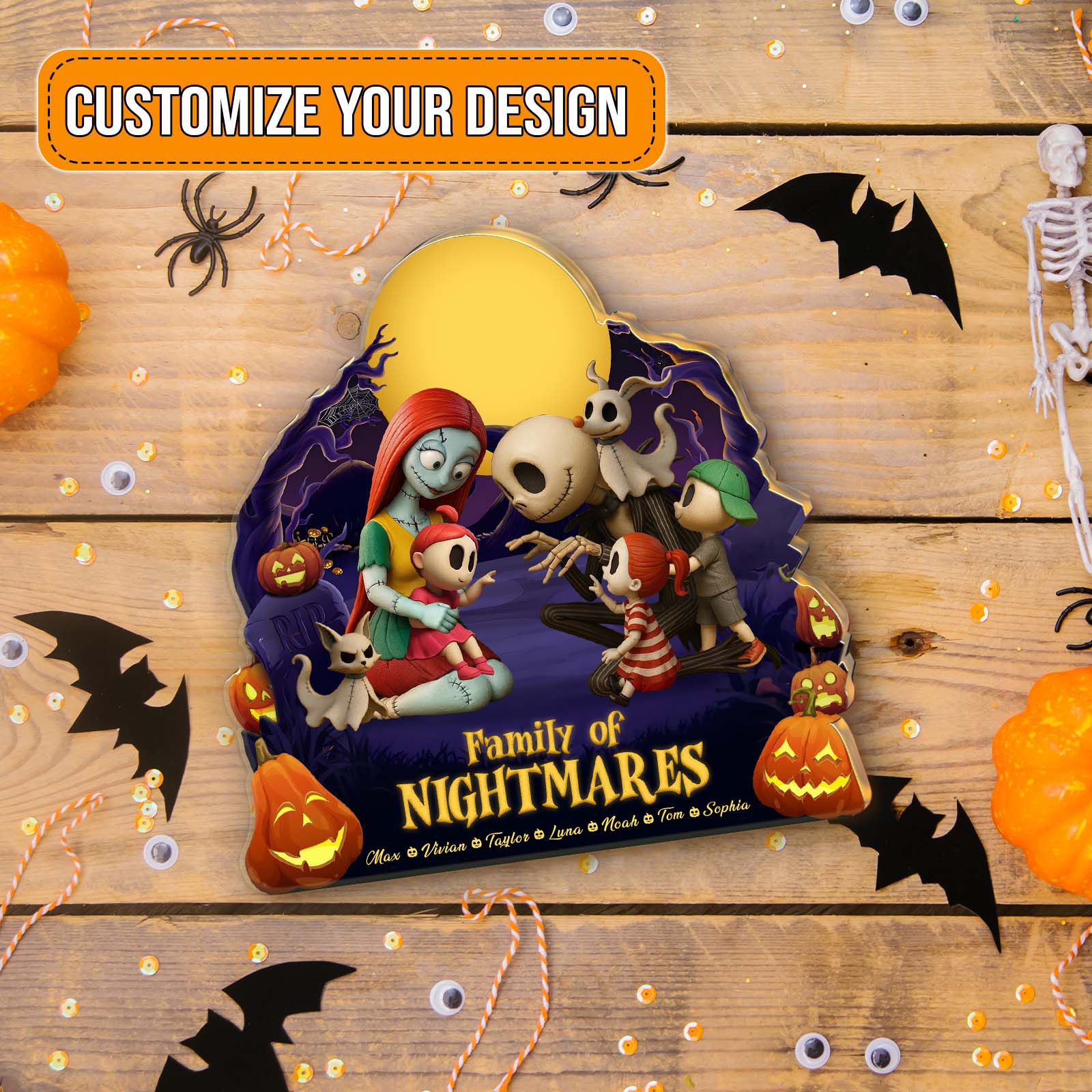 Customized personalized Halloween acrylic plaque featuring Family of Nightmares with pumpkins and spooky characters