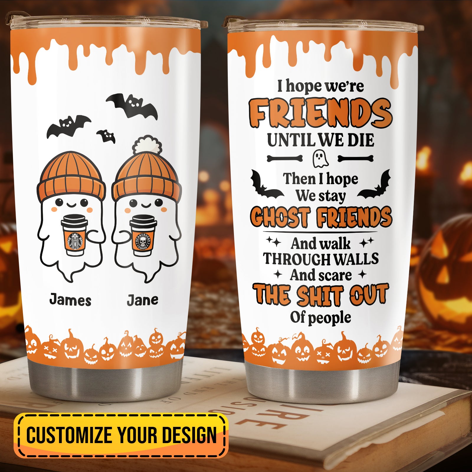 Personalized Halloween tumbler with ghost friends design and customizable names James and Jane