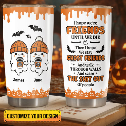 Personalized Halloween tumbler with ghost friends design and customizable names James and Jane