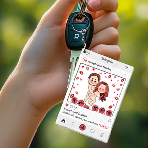 Personalized couple keychain designed as an Instagram post featuring a cute cartoon couple with hearts and kisses