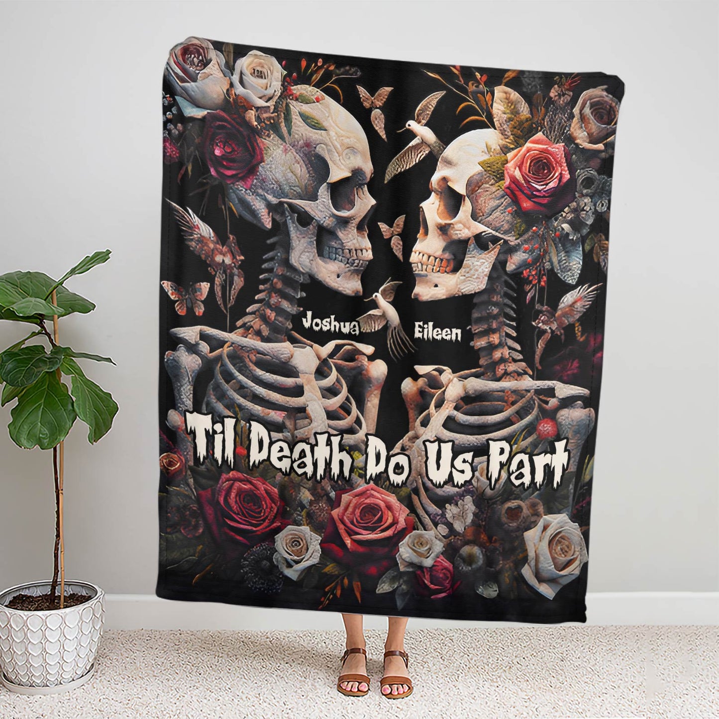 Personalized Halloween couple blanket with skeletons, roses, and Til Death Do Us Part text