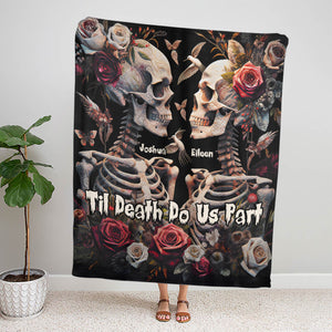 Personalized Halloween couple blanket with skeletons, roses, and Til Death Do Us Part text