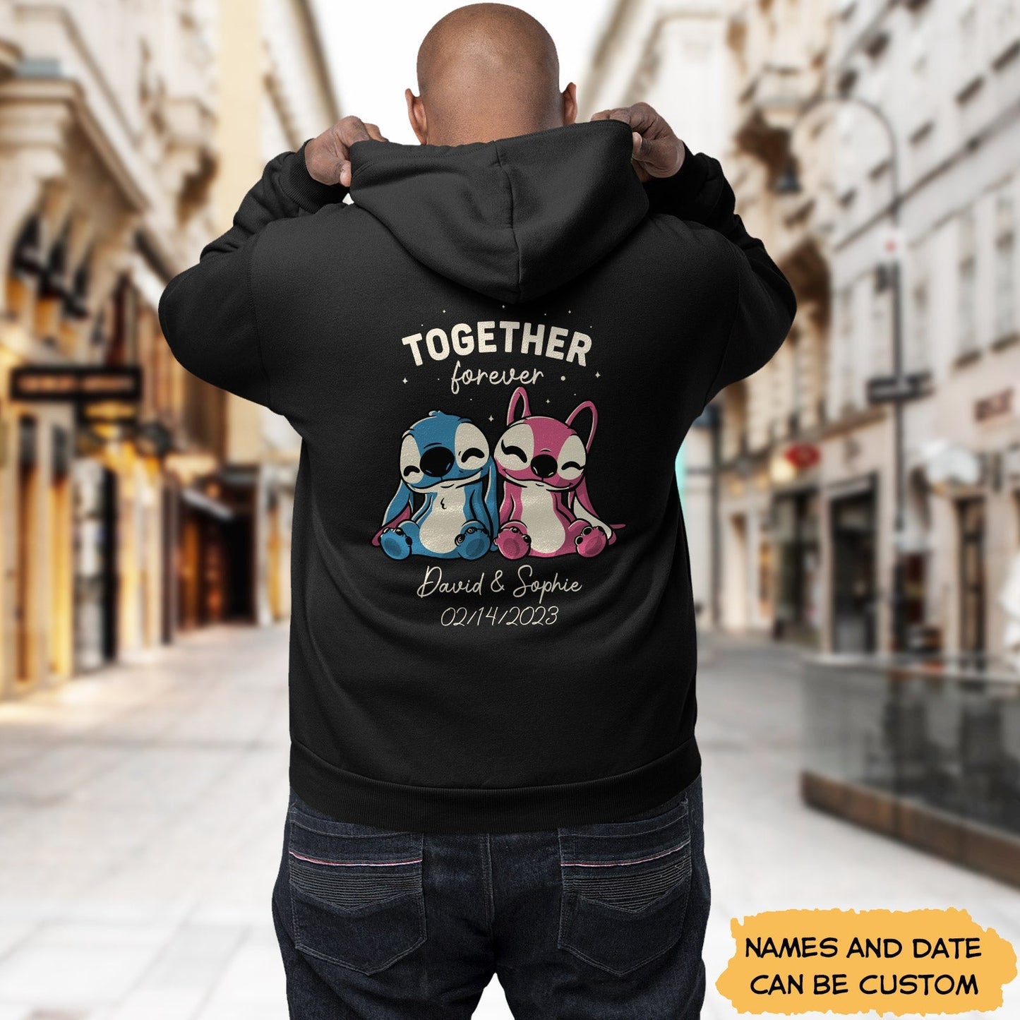 Customized romantic hoodie for couples in black featuring cute cartoon characters and personalized names and date