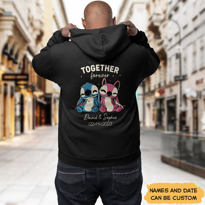 Customized romantic hoodie for couples in black featuring cute cartoon characters and personalized names and date