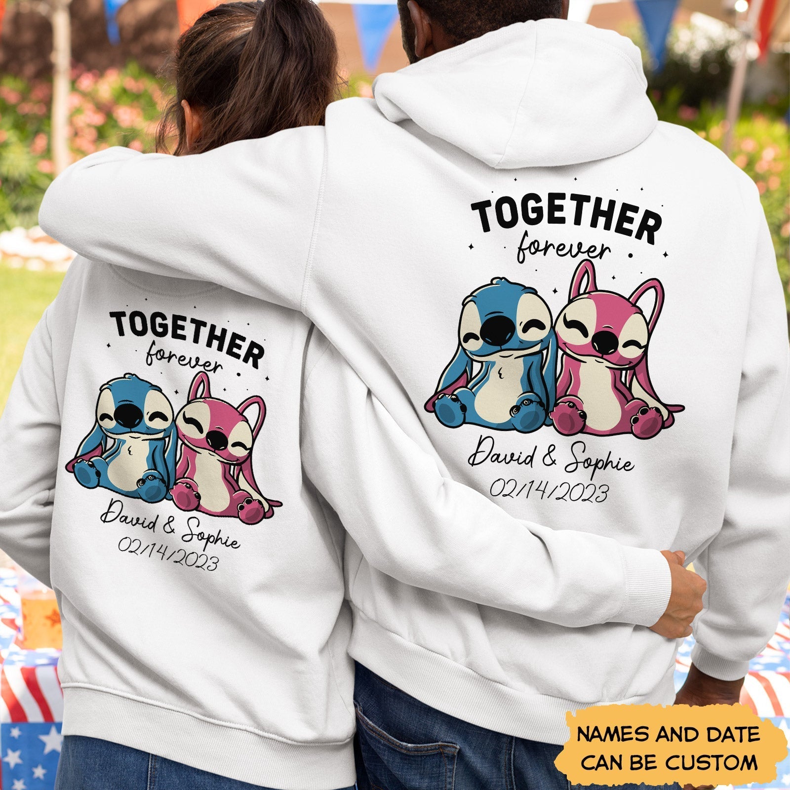 White customized romantic hoodie for couples with cute cartoon characters and personalized names and date