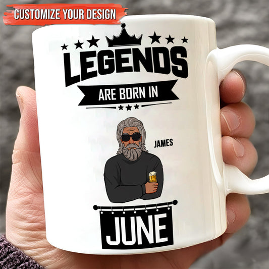 personalized birthday mug for friends white ceramic Legends are born in June mug with bearded man and name James