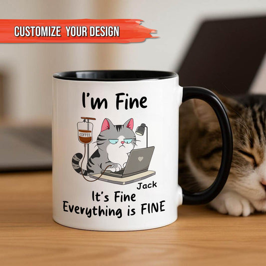 365Gifty personalized funny cat mug white with black handle featuring cartoon stressed cat at laptop and custom name Jack
