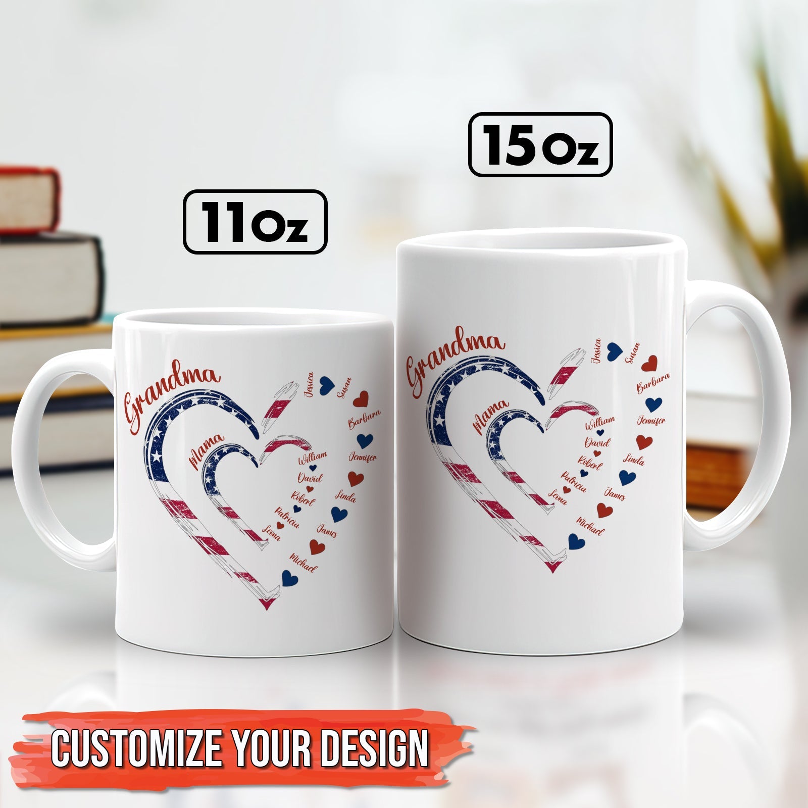 Pair of 11oz and 15oz white mugs with patriotic heart design and Grandma text personalized names custom first mom now grandma gift