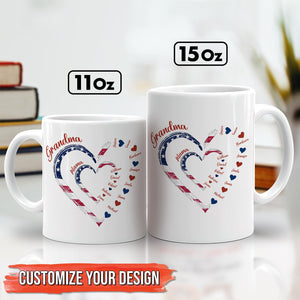 Pair of 11oz and 15oz white mugs with patriotic heart design and Grandma text personalized names custom first mom now grandma gift