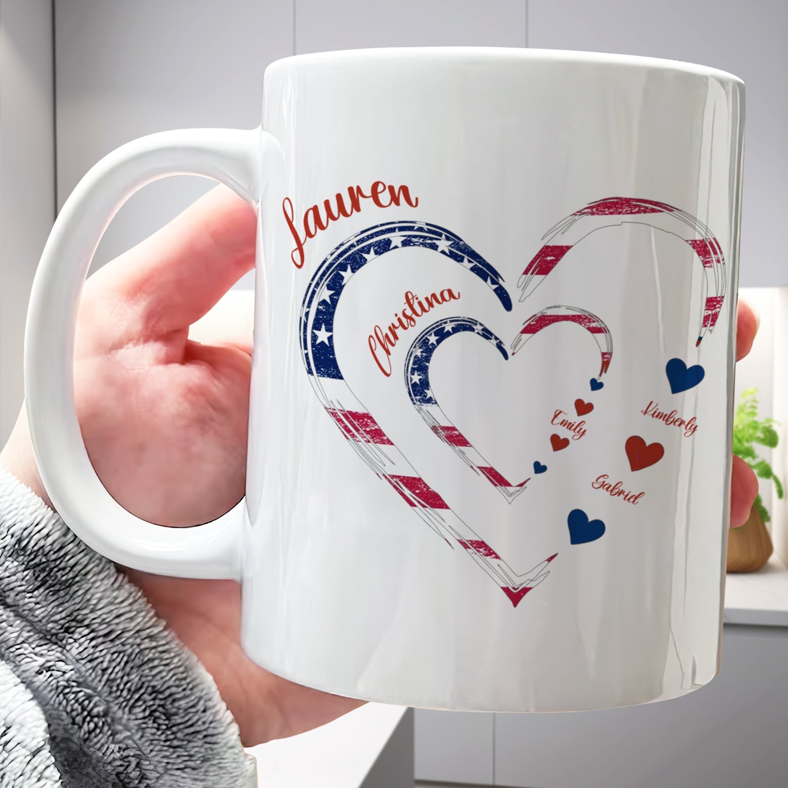 365Gifty white ceramic mug with American flag heart design and family names custom first mom now grandma gift