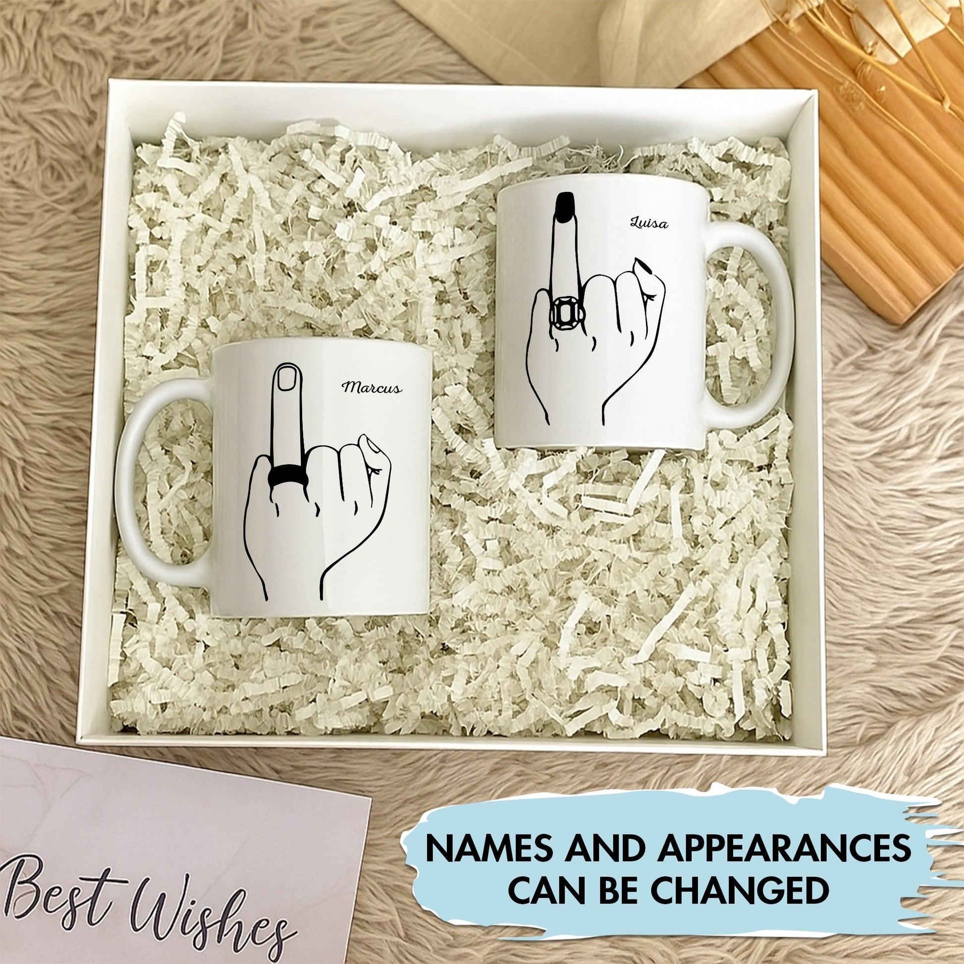 365Gifty funny personalized boyfriend mug set of two white mugs with middle finger illustration and custom names in gift box
