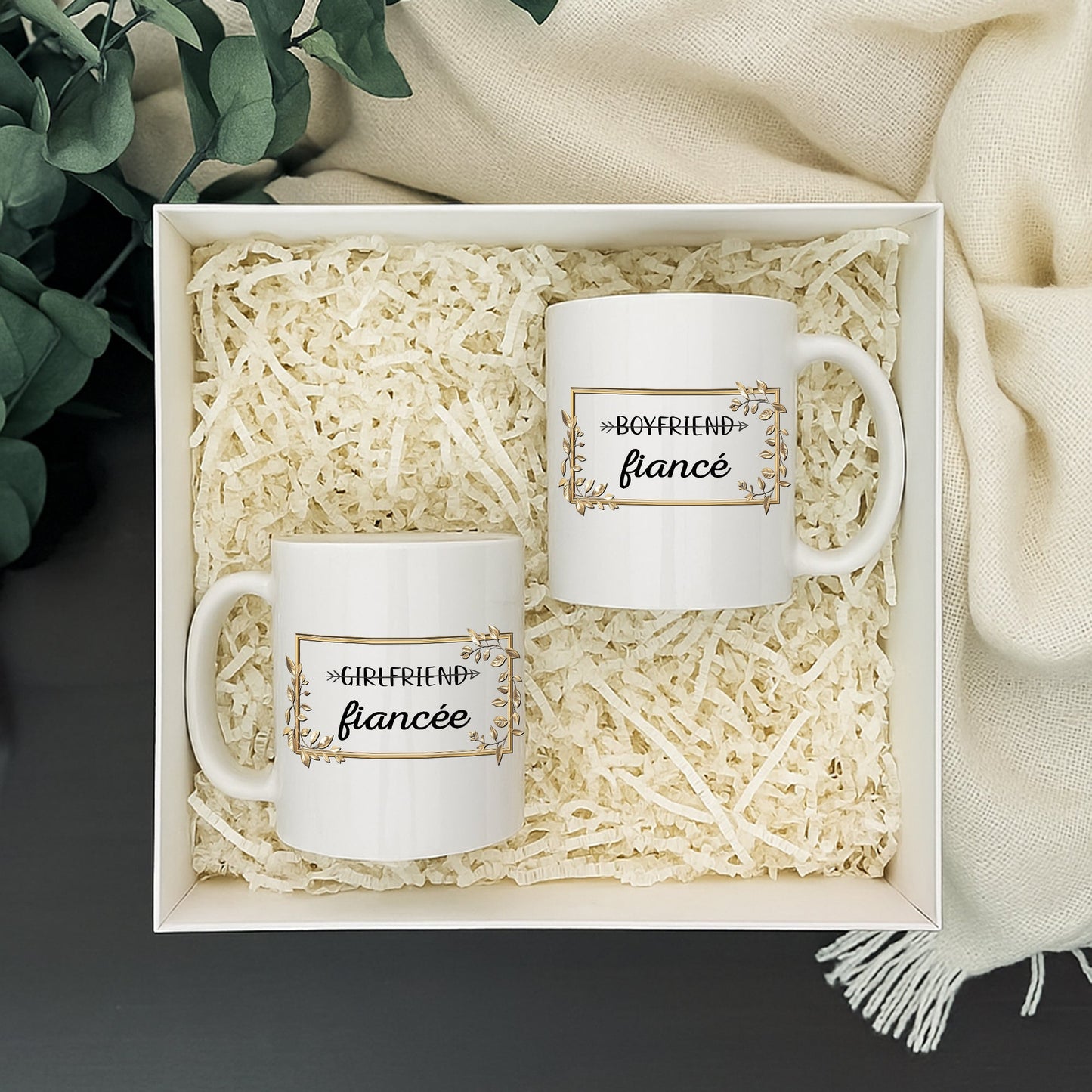 Pair of white fiance and fiancee mugs in gift box with shredded paper funny personalized boyfriend mug