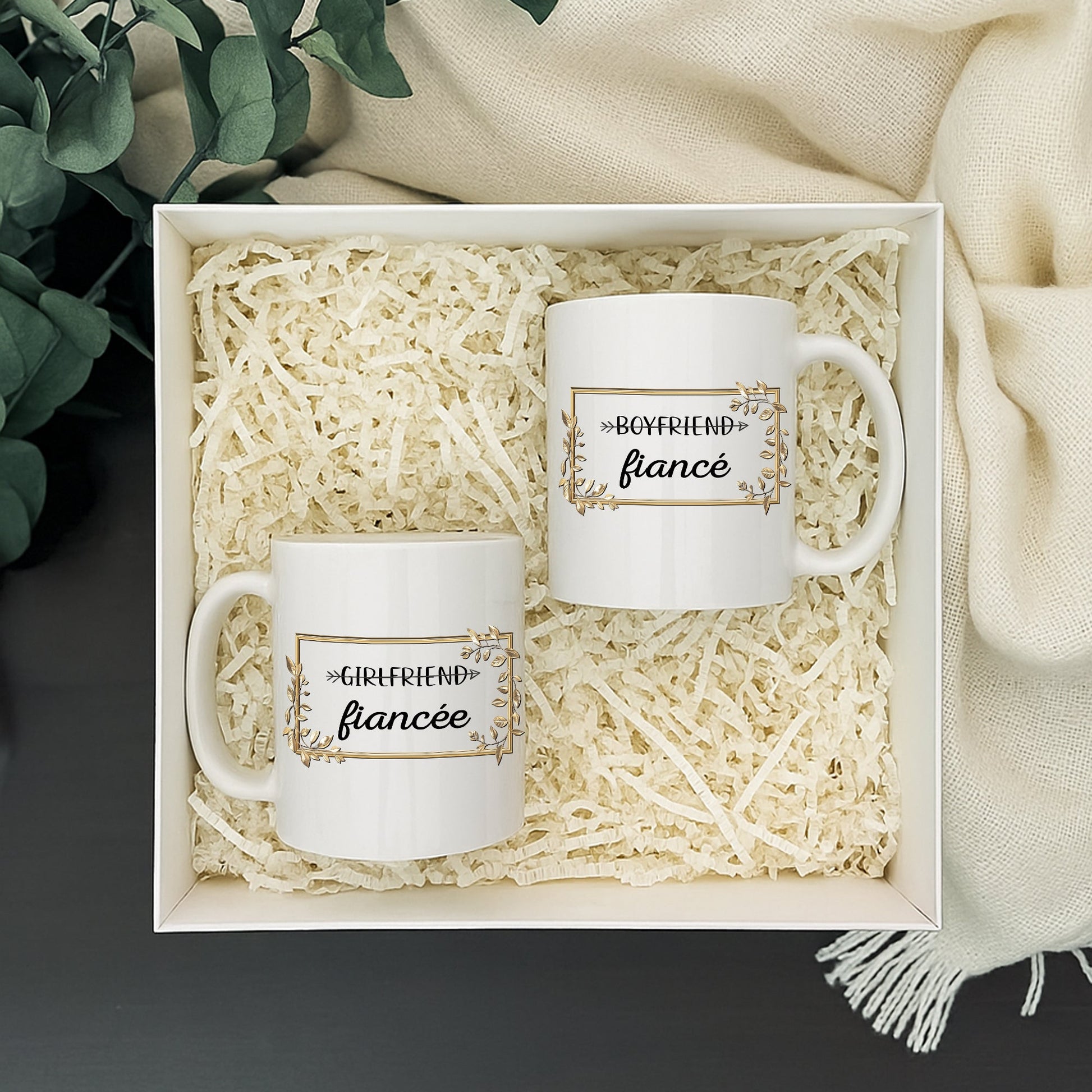 Pair of white fiance and fiancee mugs in gift box with shredded paper funny personalized boyfriend mug