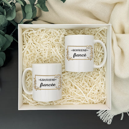 Pair of white fiance and fiancee mugs in gift box with shredded paper funny personalized boyfriend mug