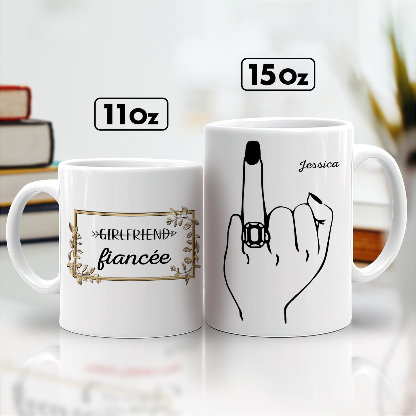 funny personalized boyfriend mug set of 11oz and 15oz white ceramic mugs with name Jessica and cheeky ring finger design