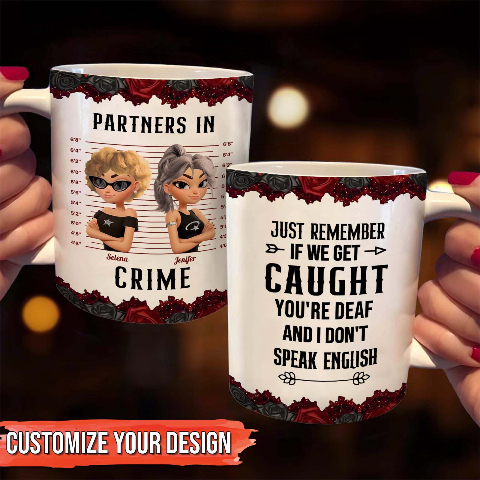 Two white personalized best friends mug set showing partners in crime cartoon avatars and humorous caught quote