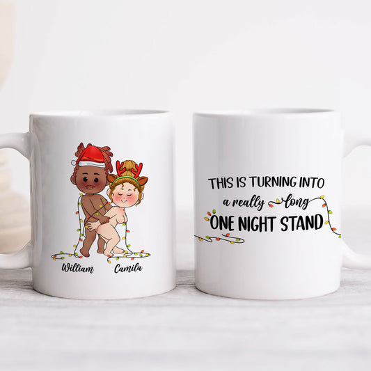 personalized Christmas Mug Gift For Couple white ceramic mug set with cartoon couple wrapped in lights and humorous quote