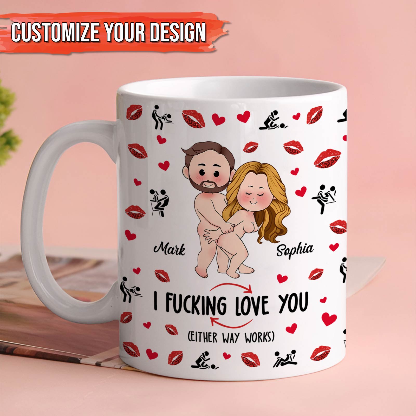 365Gifty personalized couple mug showing cartoon nude couple with hearts lips and text I FUCKING LOVE YOU
