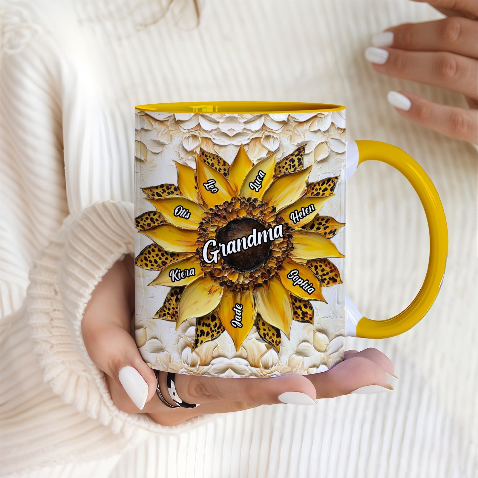 365Gifty sunflower Grandma mug with personalized names on petals yellow handle and interior family keepsake mug gift