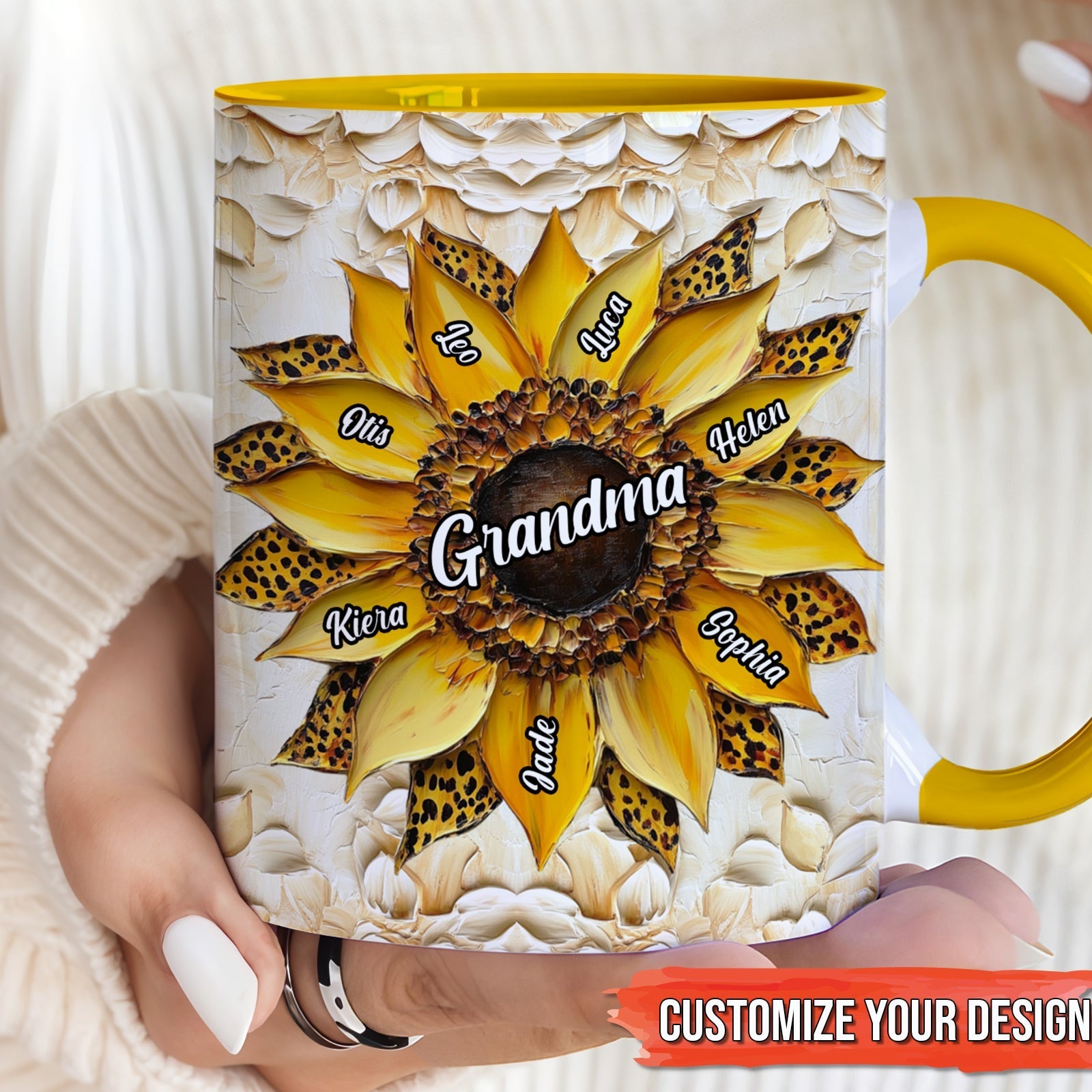 Personalized sunflower mug with Grandma center and family names on petals yellow handle family keepsake mug gift