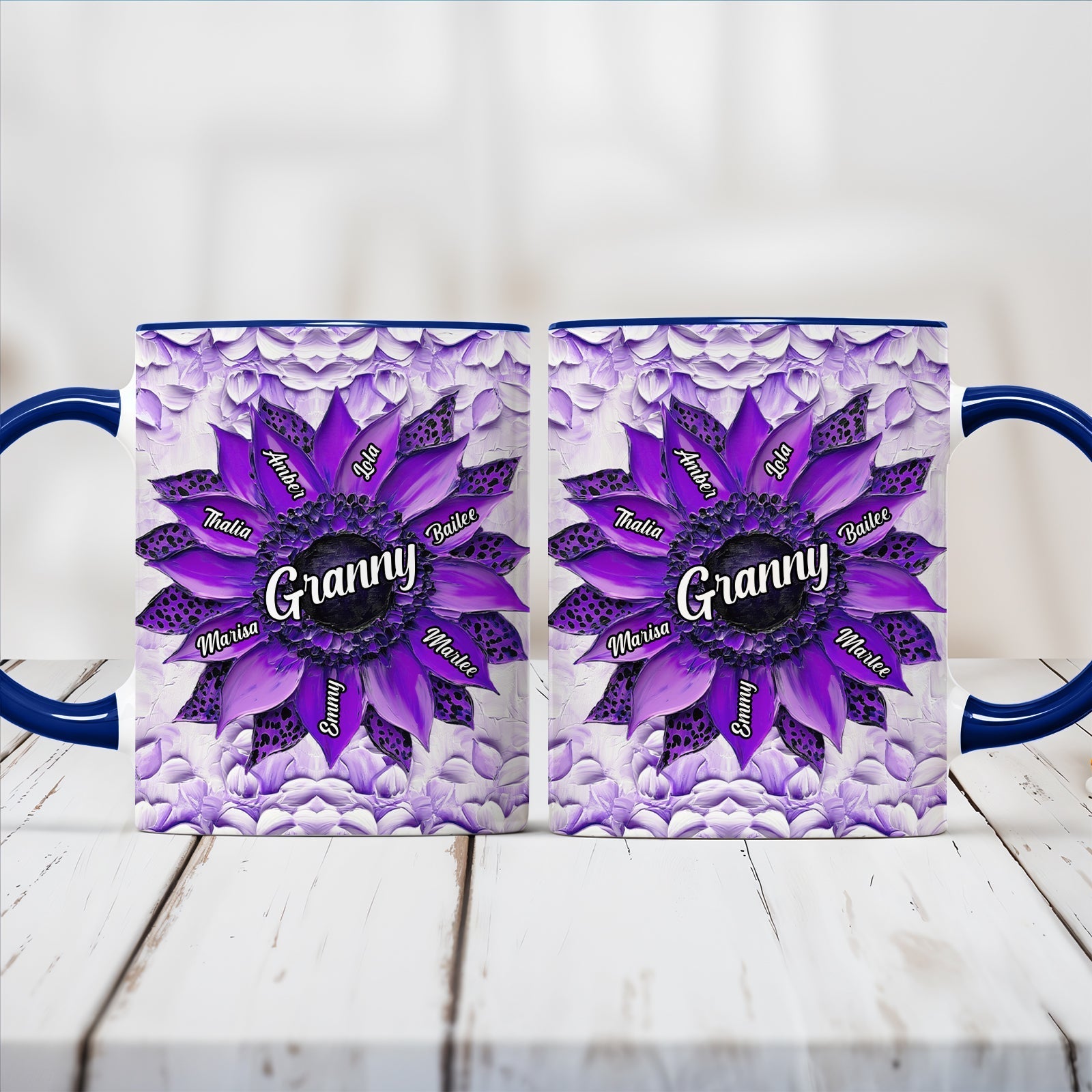 Purple sunflower personalized Granny coffee mug with grandchildren names and blue handle family keepsake mug gift