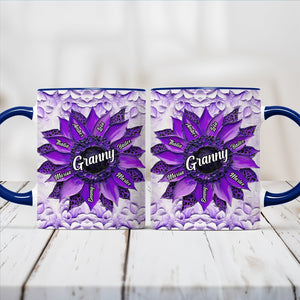Purple sunflower personalized Granny coffee mug with grandchildren names and blue handle family keepsake mug gift