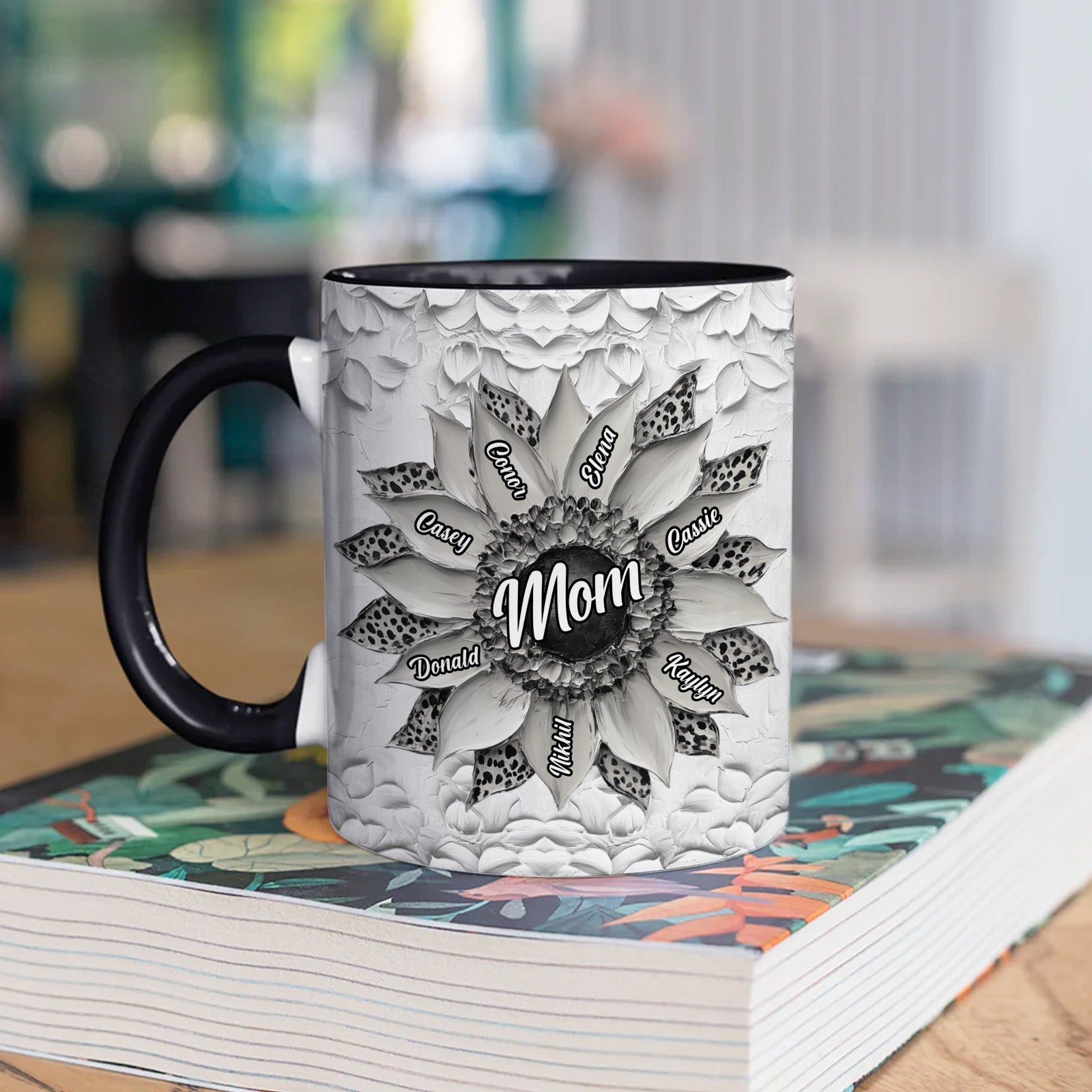 365Gifty Mom sunflower mug with personalized names black handle and rim on book family keepsake mug gift