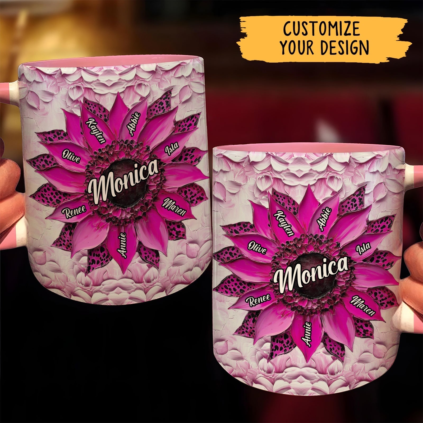 365Gifty customizable pink sunflower mug with central name Monica and family names on petals family keepsake mug gift