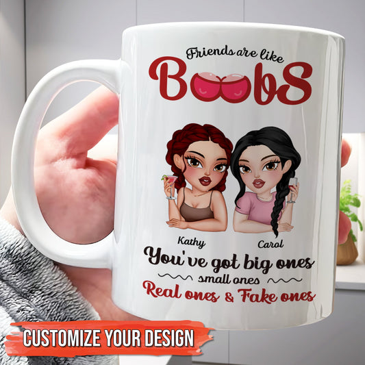 funny friends are like boobs mug showing two cartoon women, customizable names, humorous coffee cup gift