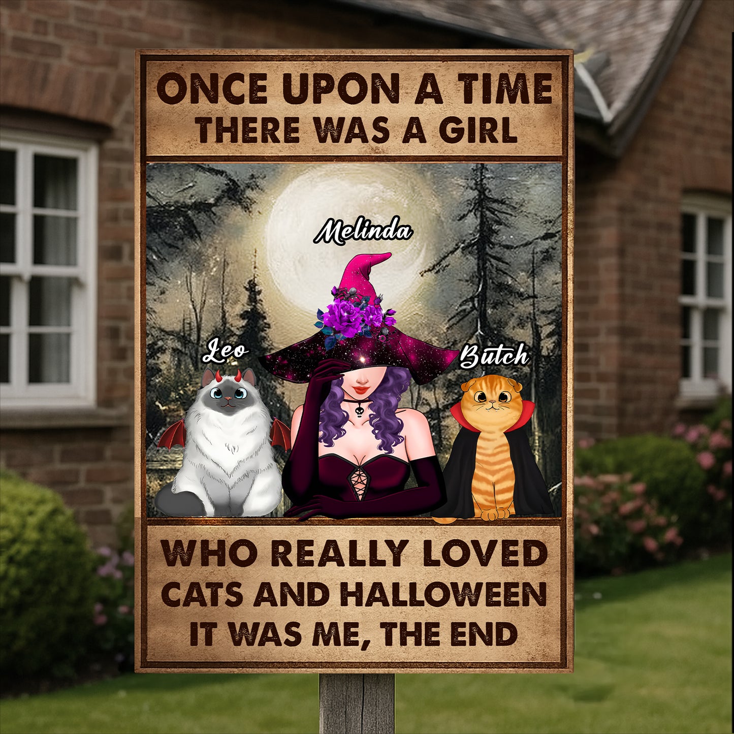Rustic personalized Halloween metal sign Partners in Crime plaque with two cartoon women and names Jessica and Stacey