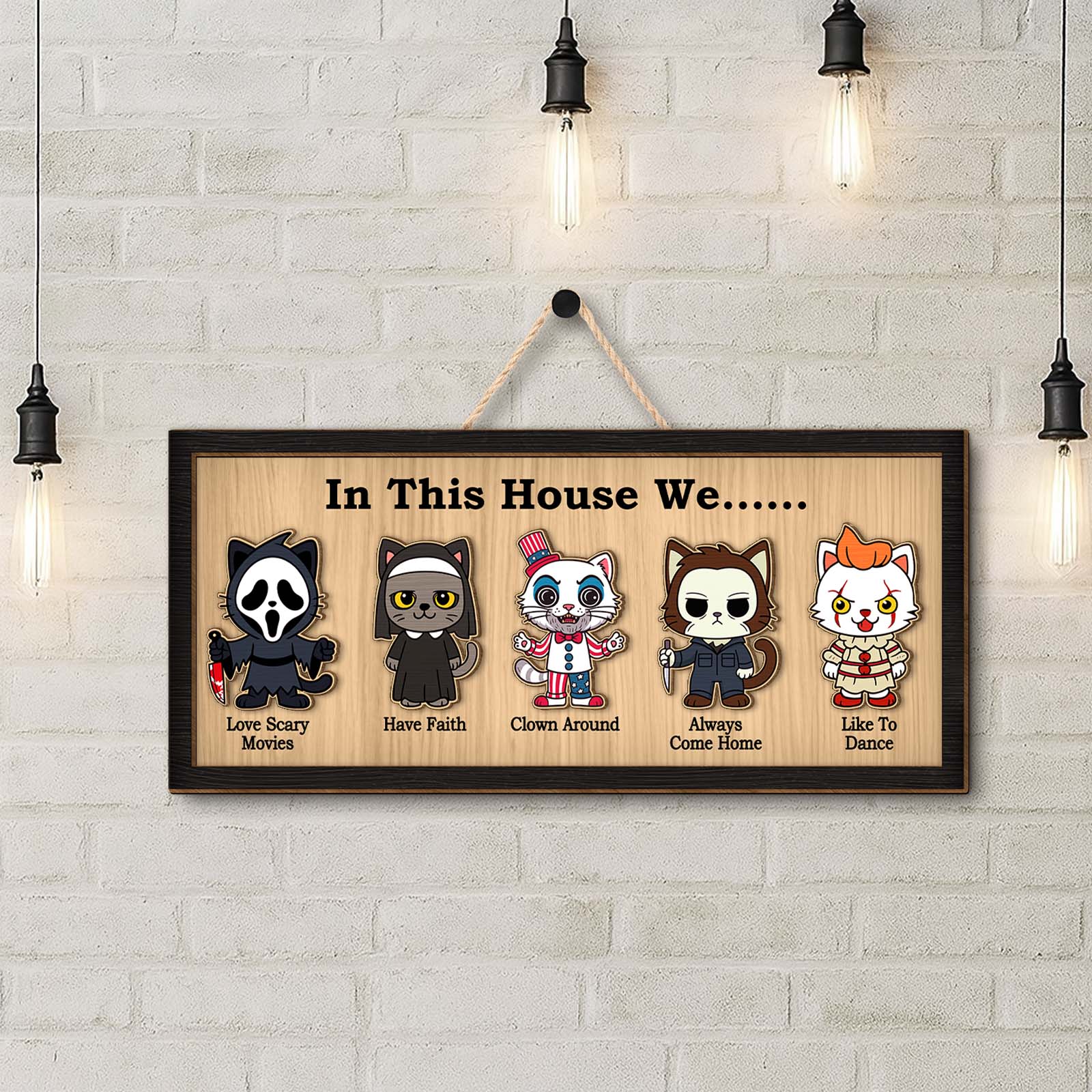 365Gifty personalized Halloween wooden sign hanging on brick wall with five cute spooky character illustrations and captions