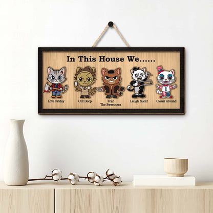 personalized Halloween wooden sign featuring five cartoon cat characters in horror costumes