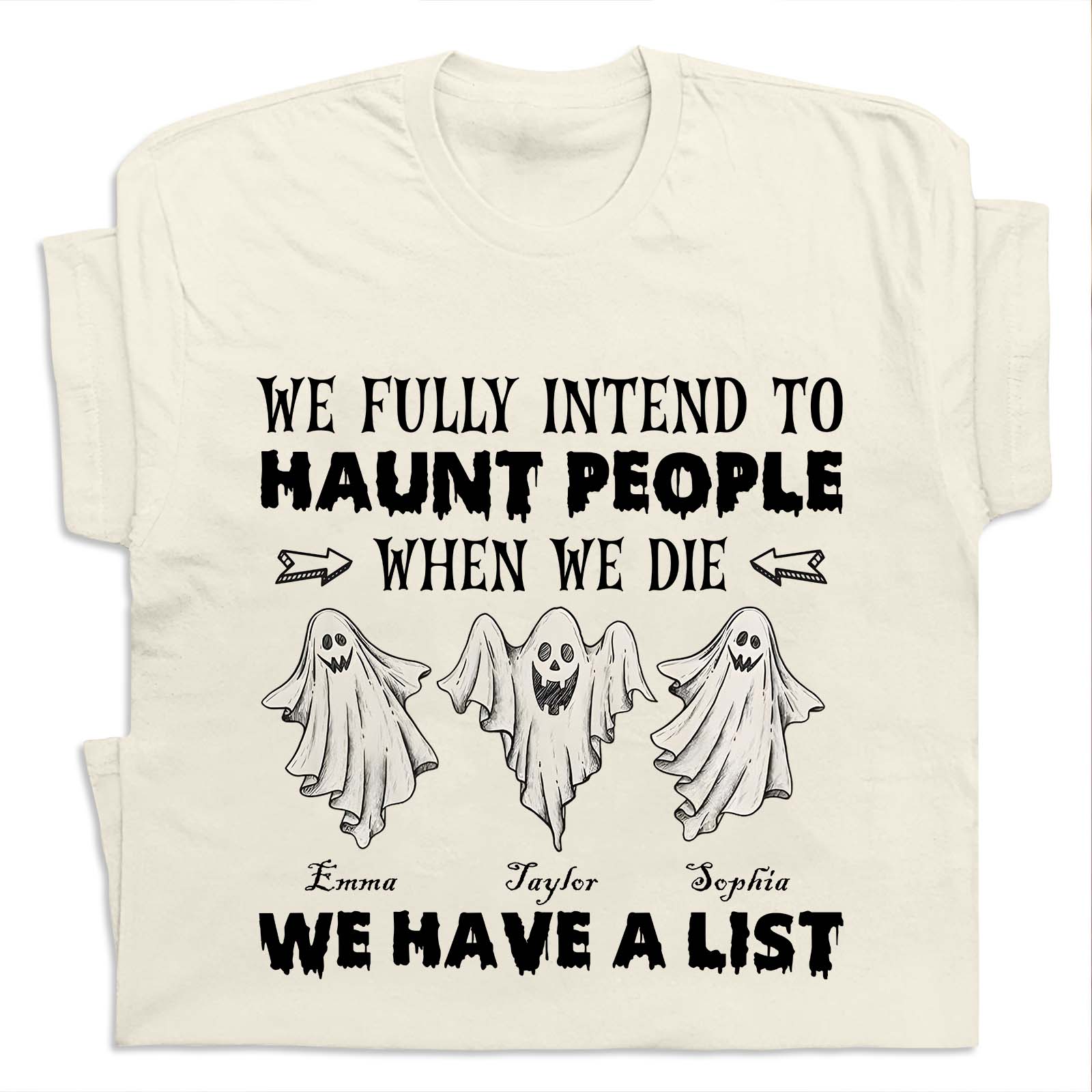 personalized Funny Halloween Ghost shirt cream tee with three cartoon ghosts and custom names Emma Taylor Sophia