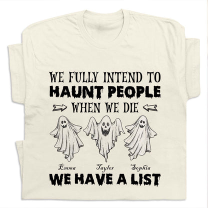 personalized Funny Halloween Ghost shirt cream tee with three cartoon ghosts and custom names Emma Taylor Sophia