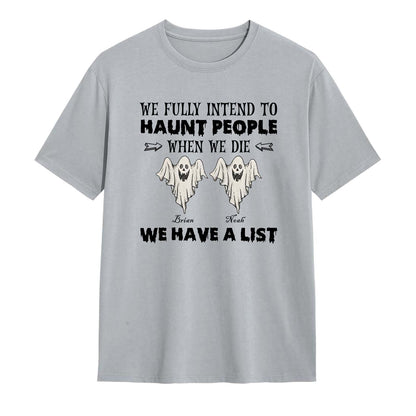 365Gifty personalized Funny Halloween Ghost shirt light gray tee with two cartoon ghosts names and We have a list slogan