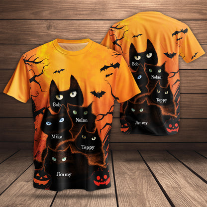 personalized Halloween cat t-shirt featuring multiple black cats with names on orange pumpkin background