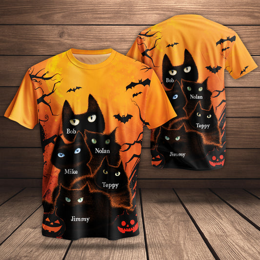 personalized Halloween cat t-shirt featuring multiple black cats with names on orange pumpkin background