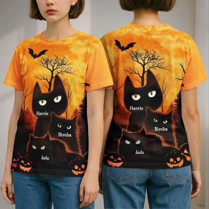 personalized Halloween cat t-shirt front and back view with orange sky three black cats named Harris Bimba Jade, bats and pumpkins