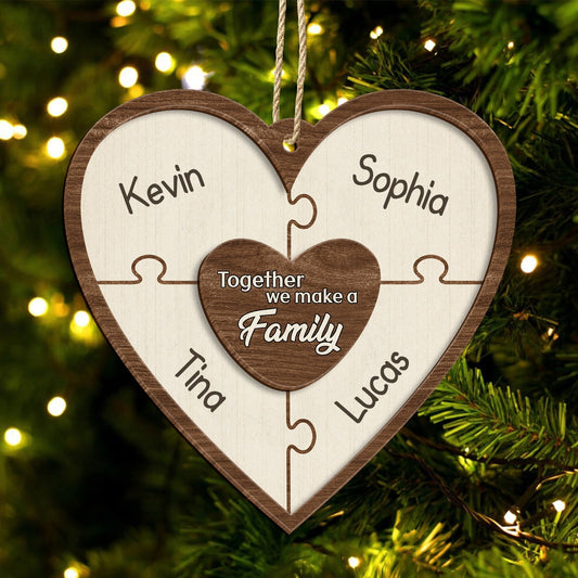 Personalized family Christmas ornament heart-shaped wooden puzzle with four names and central heart piece